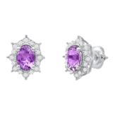 7X5 mm Oval Amethyst & Round Diamond Ladies Flower Halo Style Cluster Stud Earrings 14K White Gold