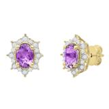 7X5 mm Oval Amethyst & Round Diamond Ladies Flower Halo Style Cluster Stud Earrings 18K Yellow Gold