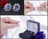 7X5 mm Oval Amethyst & Round Diamond Ladies Flower Halo Style Cluster Stud Earrings 18K Yellow Gold