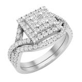 0.85 Carat (ctw) Princess & Round White Diamond Ladies Split Shank Wedding Ring Set 18K White Gold