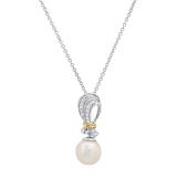 8 mm White Freshwater Pearl & White Sapphire Pendant, White & Yellow Gold Plated 925 Sterling Silver