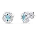 6X4 mm Oval Aquamarine & Round White Diamond Twisted Halo Style Stud Earrings 925 Sterling Silver