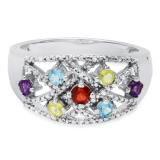 Round Amethyst Peridot Garnet Blue Topaz & White Diamond Ladies Cocktail Ring 925 Sterling Silver