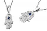 2 MM Round Blue Sapphire & White Diamond Ladies Traditional Hamsa Hand Pendant | 18K White Gold