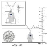 2 MM Round Blue Sapphire & White Diamond Ladies Traditional Hamsa Hand Pendant | 18K White Gold