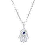 2 MM Round Blue Sapphire & White Diamond Ladies Traditional Hamsa Hand Pendant | 925 Sterling Silver