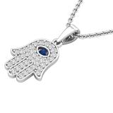 2 MM Round Blue Sapphire & White Diamond Ladies Traditional Hamsa Hand Pendant | 925 Sterling Silver