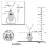 2 MM Round Blue Sapphire & White Diamond Ladies Traditional Hamsa Hand Pendant | 925 Sterling Silver