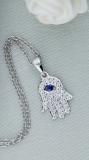 2 MM Round Blue Sapphire & White Diamond Ladies Traditional Hamsa Hand Pendant | 925 Sterling Silver
