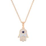 2 MM Round Blue Sapphire & White Diamond Ladies Traditional Hamsa Hand Pendant | 18K Rose Gold