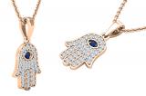 2 MM Round Blue Sapphire & White Diamond Ladies Traditional Hamsa Hand Pendant | 18K Rose Gold