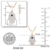 2 MM Round Blue Sapphire & White Diamond Ladies Traditional Hamsa Hand Pendant | 18K Rose Gold