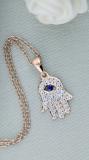 2 MM Round Blue Sapphire & White Diamond Ladies Traditional Hamsa Hand Pendant | 18K Rose Gold