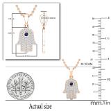 2 MM Round Blue Sapphire & White Diamond Ladies Traditional Hamsa Hand Pendant | 18K Rose Gold