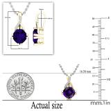 7X7 mm Cushion Amethyst & 0.02 ct Round White Diamond Swirl Spilt Shank Ladies Pendant with Silver Chain 18 Inch | 10K Yellow Silver