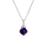 7X7 mm Cushion Amethyst & 0.02 ct Round White Diamond Swirl Spilt Shank Ladies Pendant with Gold Chain 18 Inch | 18K White Gold