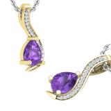 7X5 MM Pear Amethyst Round White Diamond Ladies Swirl Stunning Teardrop Pendant | 10K Yellow Gold