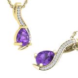 7X5 MM Pear Amethyst Round White Diamond Ladies Swirl Stunning Teardrop Pendant | 10K Yellow Gold
