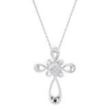 Ladies Antique Design Cross Pendant with Round Diamond Accents in Silver Chain, 925 Sterling Silver