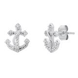 0.07 Carat (ctw) Round White Diamond Ladies Fancy Anchor Symbol Stud Earrings | 925 Sterling Silver