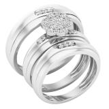 0.40 Carat (ctw) Round White Diamond Men & Women Flower Head Unisex Trio Rings Set for Couple 925 Sterling Silver