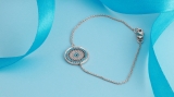 1 mm Dianty Round Blue Sapphire Turquiose & White Diamonds Ladies Circle Bracelet 14K White Gold