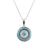 1 mm Dianty Round Blue Sapphire, Turquiose & White Diamonds Ladies Circle Pendant | 10K White Gold