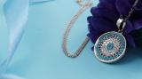 1 mm Dianty Round Blue Sapphire, Turquiose & White Diamonds Ladies Circle Pendant | 10K White Gold