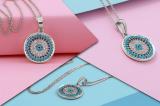 1 mm Dianty Round Blue Sapphire, Turquiose & White Diamonds Ladies Circle Pendant | 10K White Gold