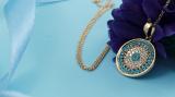 1 mm Dianty Round Blue Sapphire, Turquiose & White Diamonds Ladies Circle Pendant | 10K Yellow Gold