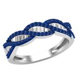 Round Blue Sapphire & Baguette White Diamond Ladies Anniversary Swirl Band | 925 Sterling Silver