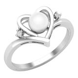 5.5 MM Round Freshwater Pearl & White Diamond Ladies Elegant Heart Promise Ring Sterling Silver