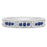 Round Blue Sapphire & White Diamond Ladies Traditional Vintage Style Wedding Band 14K White Gold