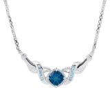 8 mm Cushion & Princess London Blue Topaz Ladies Pendant with Round Diamond Accents, Sterling Silver