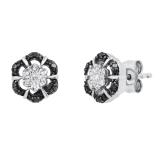 0.05 Carat (ctw) Round Black & White Diamond Ladies Cluster Floral Stud Earrings Sterling Silver