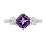 7 MM Cushion Amethyst & Round White Diamond Accents Crisscross Engagement Ring, 925 Sterling Silver
