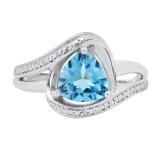 7.5 MM Trillion Blue Topaz & White Diamond Accents Split Shank Engagement Ring 925 Sterling Silver