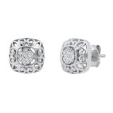 Ladies Cluster Flower Design Filigree Stud Earrings with Round Diamond Accents 925 Sterling Silver