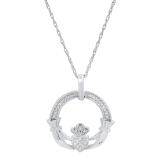0.10 Carat (ctw) Round White Diamond Ladies Claddagh Heart Circle Pendant 1/10 CT Sterling Silver