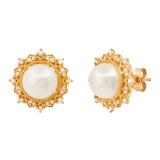 7 MM Round Freshwater Pearl & White Diamond Ladies Sunburst Elegant Stud Earrings 10K Yellow Gold