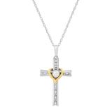 4 mm Round Freshwater Pearl Ladies Heart Cross Pendant with Diamond Accents, 925 Sterling Silver