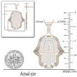 Round White Diamond Filled Bale Hamsa Hand Of Fatima Unisex Pendant with 18 Inch Silver Chain (0.95 ctw, Color I-J, Clarity I1-I2) in 18K Rose Gold