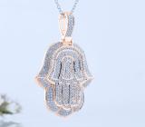 Round White Diamond Filled Bale Hamsa Hand Of Fatima Unisex Pendant with 18 Inch Silver Chain (0.95 ctw, Color I-J, Clarity I1-I2) in 18K Rose Gold