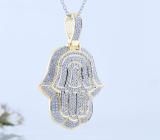 Round White Diamond Filled Bale Hamsa Hand Of Fatima Unisex Pendant with 18 Inch Silver Chain (0.95 ctw, Color I-J, Clarity I1-I2) in 18K Yellow Gold