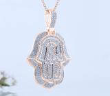 Round White Diamond Filled Bale Hamsa Hand Of Fatima Unisex Pendant with 18 Inch Gold Chain (0.95 ctw, Color I-J, Clarity I1-I2) in 18K Rose Gold