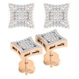 0.25 Carat (ctw) Round White Diamond Concave Curved Frame Square Cluster Stud Earrings for Women | 18K Rose Gold