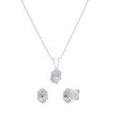 5X7 MM Oval Aquamarine Ladies Solitaire Matching Stud Earrings & Pendant Set 925 Sterling Silver