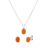 5X7 mm Oval Cabochon Fire Opal Ladies Solitaire Stud Earrings & Pendant Set | 925 Sterling Silver