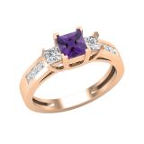 Ladies 5X5 MM Princess Amethyst & White Diamond 3 Stone Past Present Future Engagement Ring | 18K Rose Gold