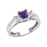 Ladies 5X5 MM Princess Amethyst & White Diamond 3 Stone Past Present Future Engagement Ring | 925 Sterling Silver